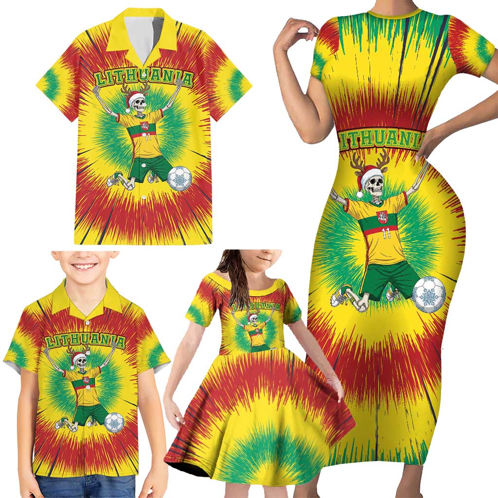 Personalized Lithuania Christmas Tie Dye Family Matching Short Sleeve Bodycon Dress and Hawaiian Shirt Skeleton Soccer Goal Celebration Santa Hat - Wonder Print Shop