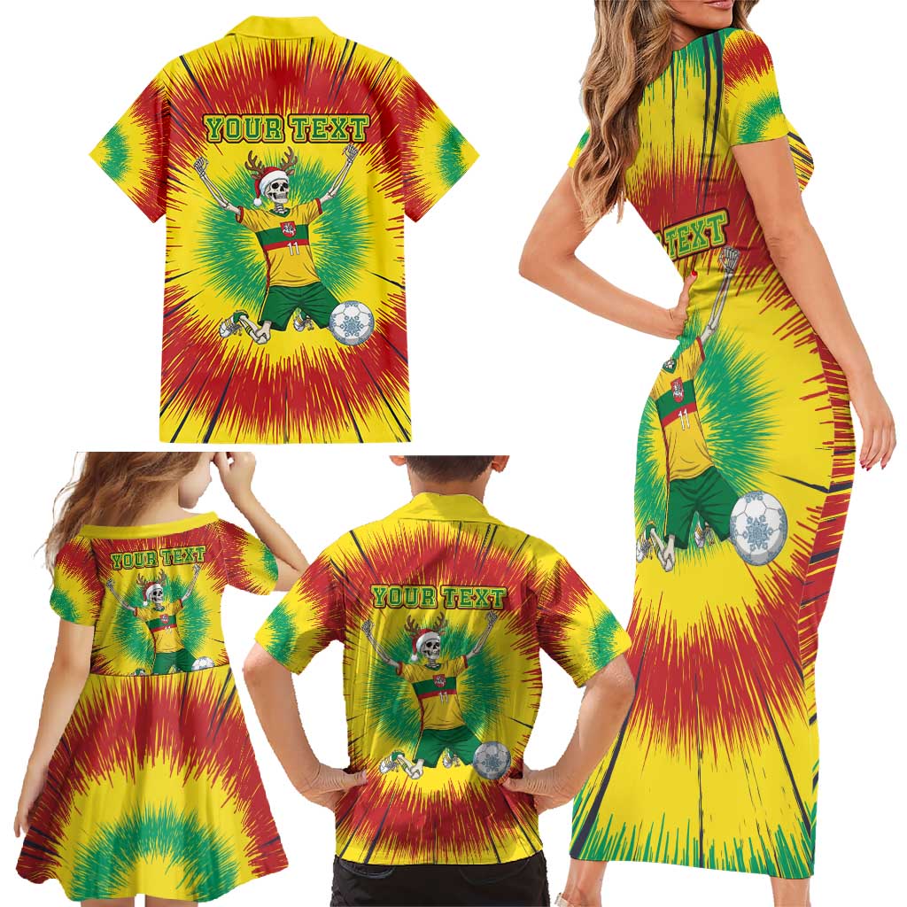 Personalized Lithuania Christmas Tie Dye Family Matching Short Sleeve Bodycon Dress and Hawaiian Shirt Skeleton Soccer Goal Celebration Santa Hat - Wonder Print Shop