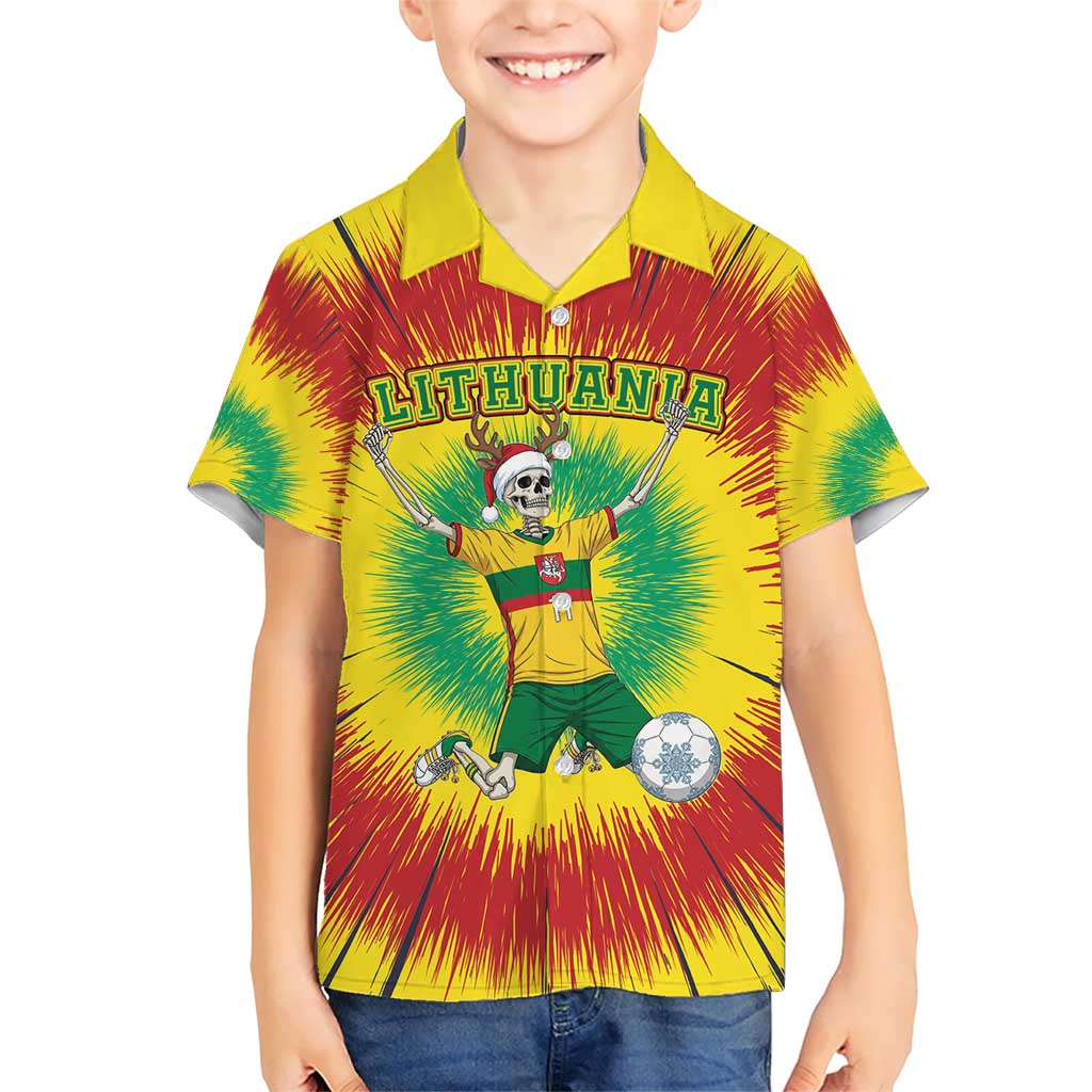 Personalized Lithuania Christmas Tie Dye Family Matching Short Sleeve Bodycon Dress and Hawaiian Shirt Skeleton Soccer Goal Celebration Santa Hat - Wonder Print Shop