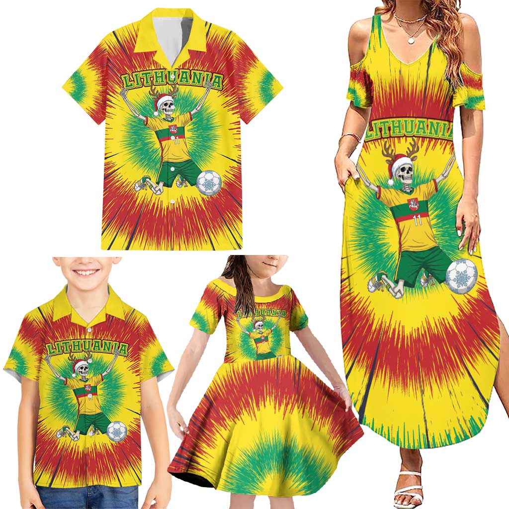 Personalized Lithuania Christmas Tie Dye Family Matching Summer Maxi Dress and Hawaiian Shirt Skeleton Soccer Goal Celebration Santa Hat - Wonder Print Shop