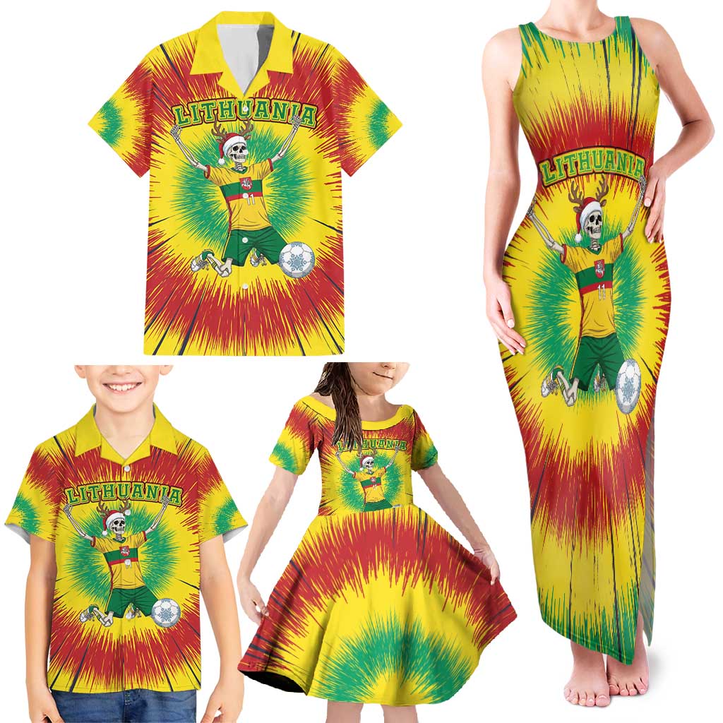 Personalized Lithuania Christmas Tie Dye Family Matching Tank Maxi Dress and Hawaiian Shirt Skeleton Soccer Goal Celebration Santa Hat - Wonder Print Shop