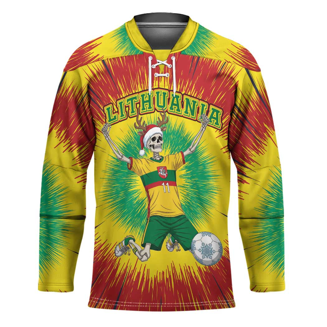 Personalized Lithuania Christmas Tie Dye Hockey Jersey Skeleton Soccer Goal Celebration Santa Hat - Wonder Print Shop