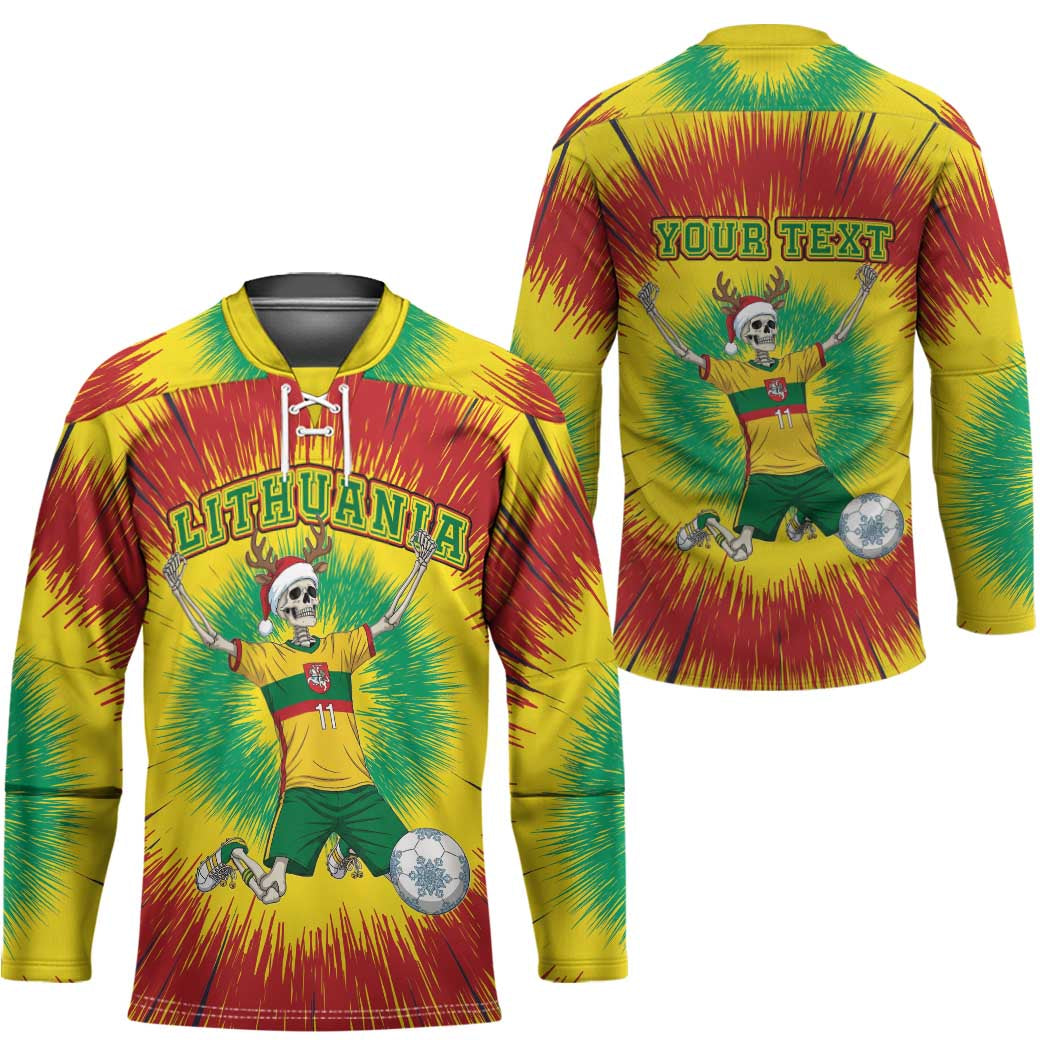 Personalized Lithuania Christmas Tie Dye Hockey Jersey Skeleton Soccer Goal Celebration Santa Hat - Wonder Print Shop