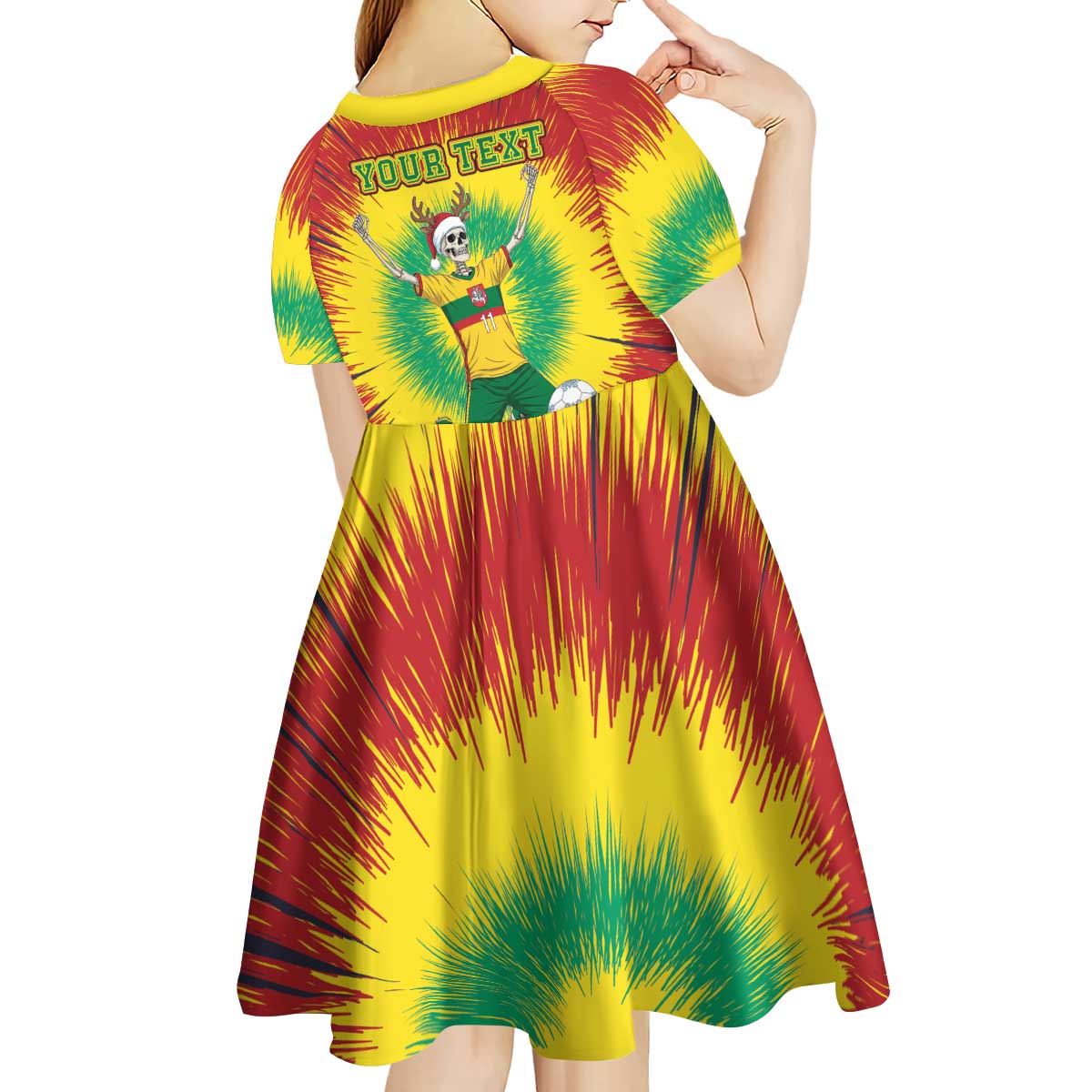 Personalized Lithuania Christmas Tie Dye Kid Short Sleeve Dress Skeleton Soccer Goal Celebration Santa Hat - Wonder Print Shop