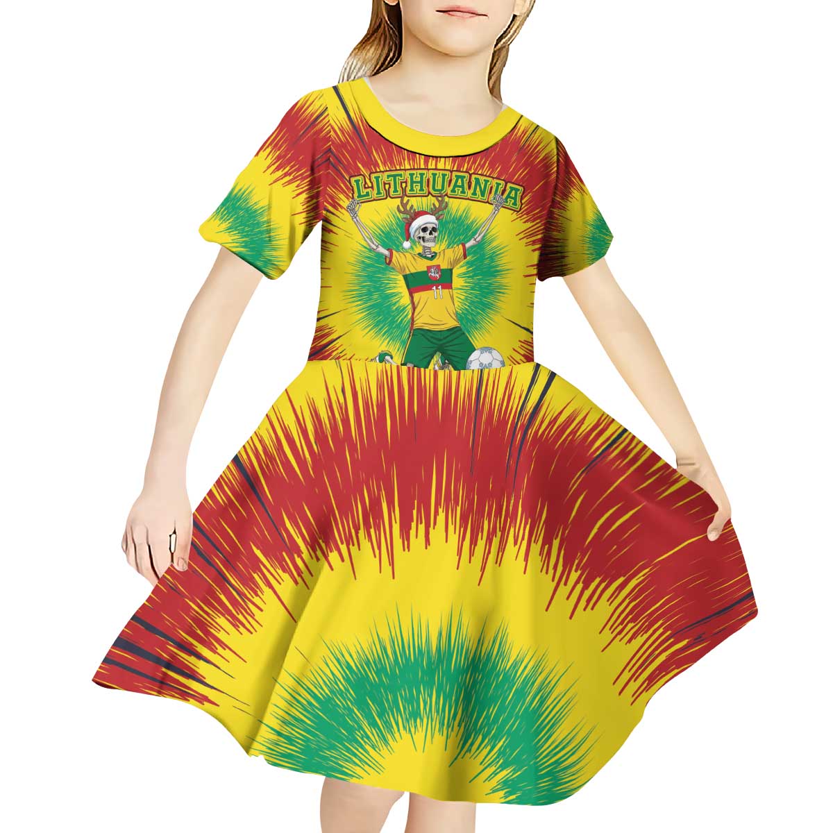 Personalized Lithuania Christmas Tie Dye Kid Short Sleeve Dress Skeleton Soccer Goal Celebration Santa Hat - Wonder Print Shop