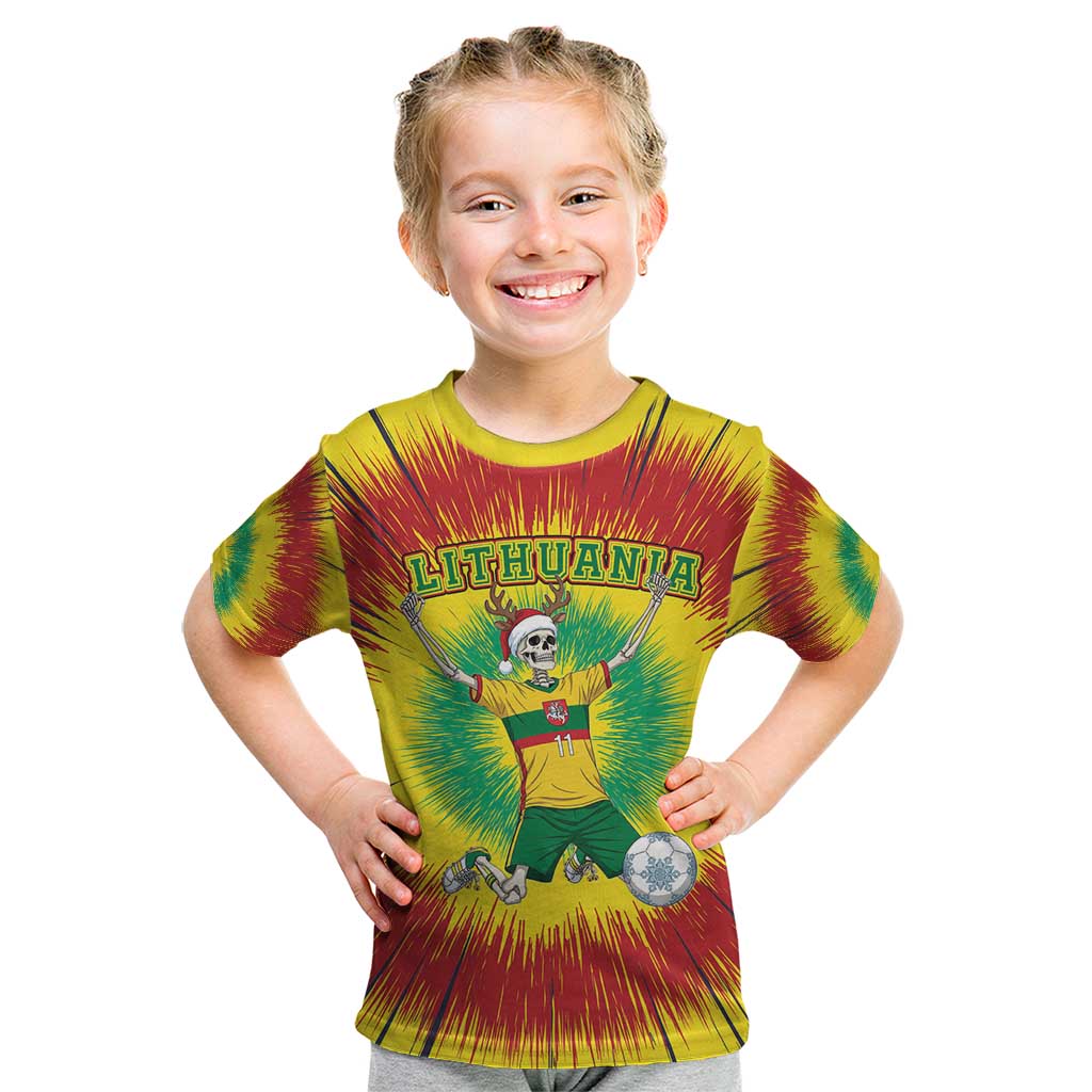 Personalized Lithuania Christmas Tie Dye Kid T Shirt Skeleton Soccer Goal Celebration Santa Hat - Wonder Print Shop
