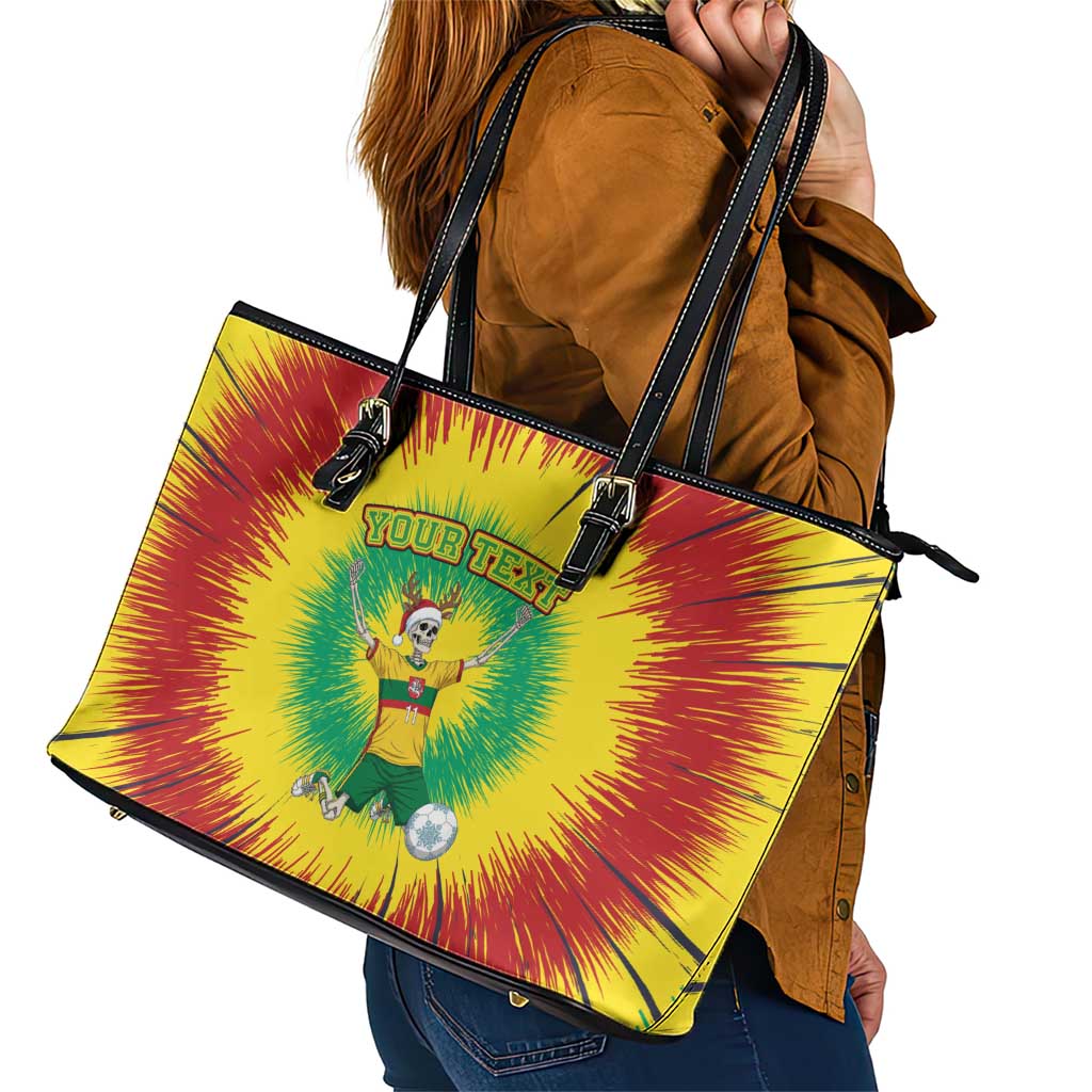 Personalized Lithuania Christmas Tie Dye Leather Tote Bag Skeleton Soccer Goal Celebration Santa Hat - Wonder Print Shop