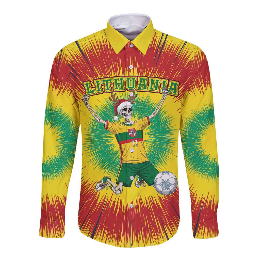 Personalized Lithuania Christmas Tie Dye Long Sleeve Button Shirt Skeleton Soccer Goal Celebration Santa Hat - Wonder Print Shop