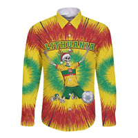 Personalized Lithuania Christmas Tie Dye Long Sleeve Button Shirt Skeleton Soccer Goal Celebration Santa Hat - Wonder Print Shop