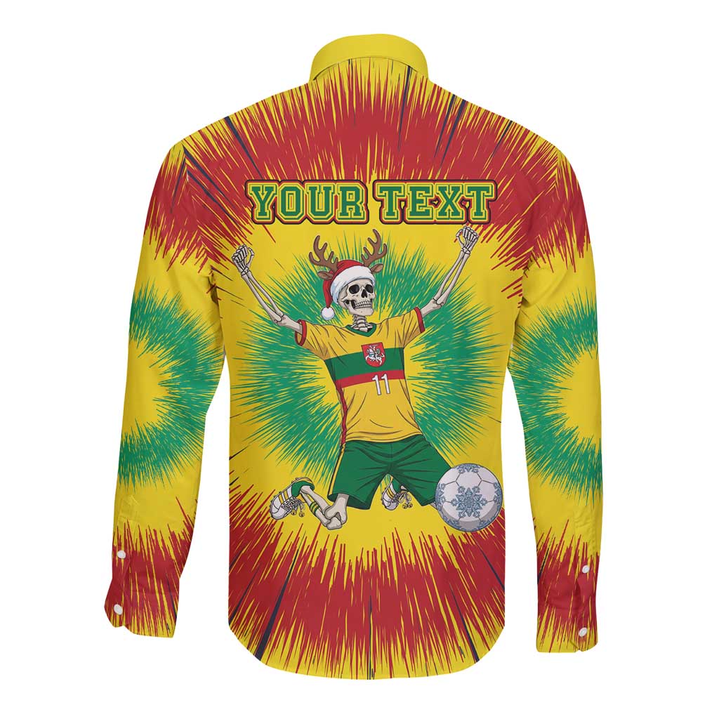 Personalized Lithuania Christmas Tie Dye Long Sleeve Button Shirt Skeleton Soccer Goal Celebration Santa Hat - Wonder Print Shop