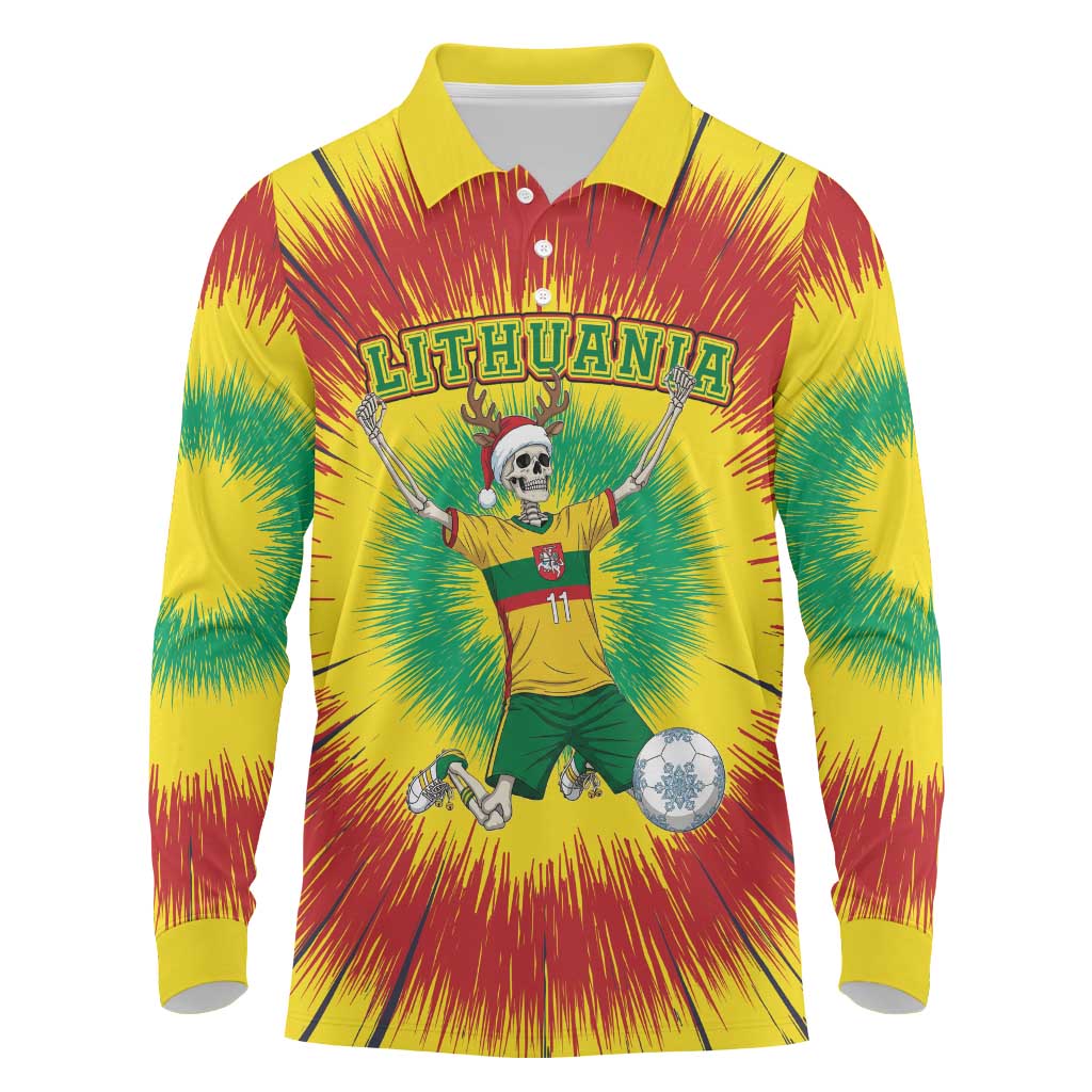 Personalized Lithuania Christmas Tie Dye Long Sleeve Polo Shirt Skeleton Soccer Goal Celebration Santa Hat - Wonder Print Shop