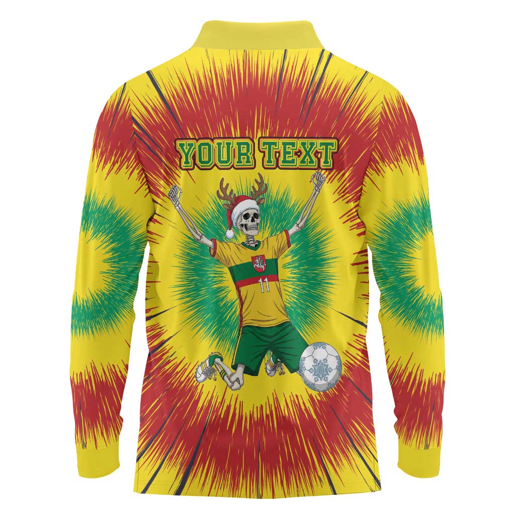 Personalized Lithuania Christmas Tie Dye Long Sleeve Polo Shirt Skeleton Soccer Goal Celebration Santa Hat - Wonder Print Shop