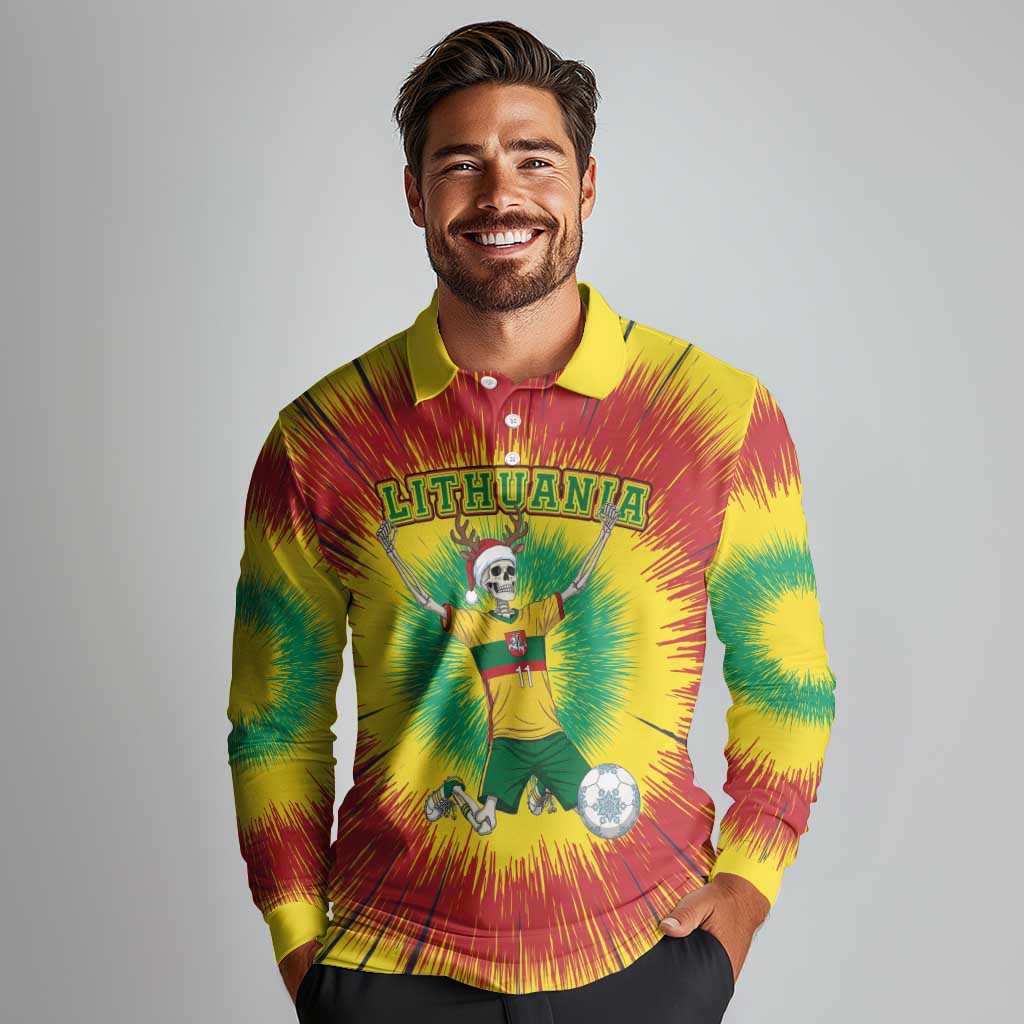 Personalized Lithuania Christmas Tie Dye Long Sleeve Polo Shirt Skeleton Soccer Goal Celebration Santa Hat - Wonder Print Shop