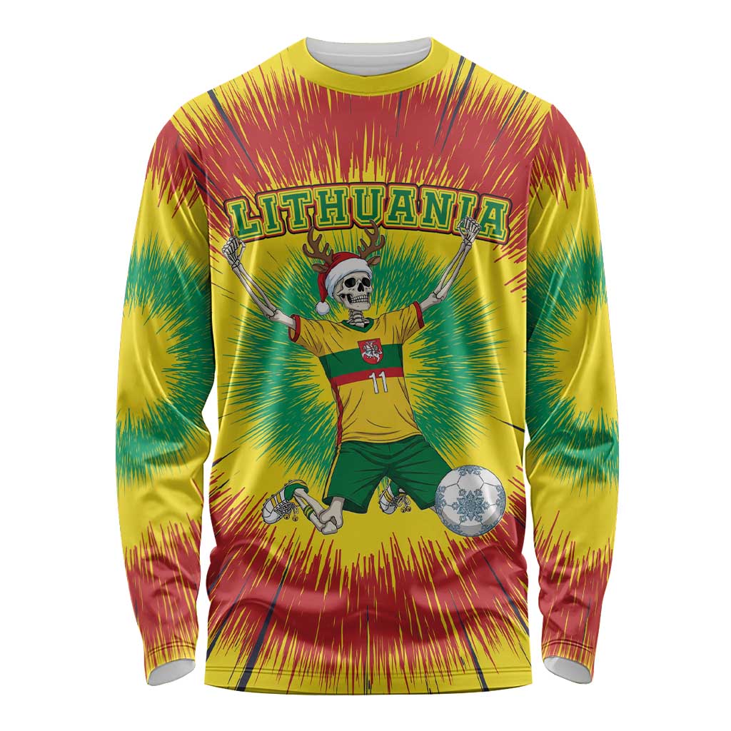 Personalized Lithuania Christmas Tie Dye Long Sleeve Shirt Skeleton Soccer Goal Celebration Santa Hat - Wonder Print Shop