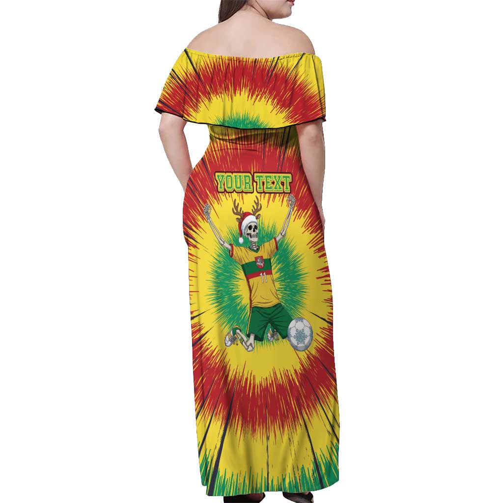 Personalized Lithuania Christmas Tie Dye Off Shoulder Maxi Dress Skeleton Soccer Goal Celebration Santa Hat - Wonder Print Shop