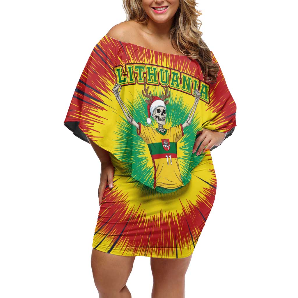 Personalized Lithuania Christmas Tie Dye Off Shoulder Short Dress Skeleton Soccer Goal Celebration Santa Hat - Wonder Print Shop