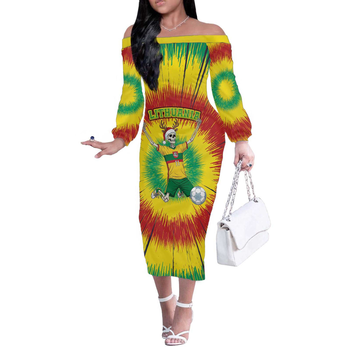 Personalized Lithuania Christmas Tie Dye Off The Shoulder Long Sleeve Dress Skeleton Soccer Goal Celebration Santa Hat - Wonder Print Shop