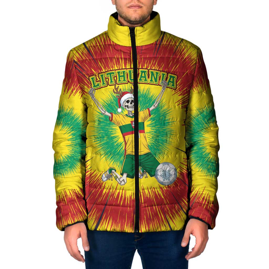 Personalized Lithuania Christmas Tie Dye Padded Jacket Skeleton Soccer Goal Celebration Santa Hat - Wonder Print Shop