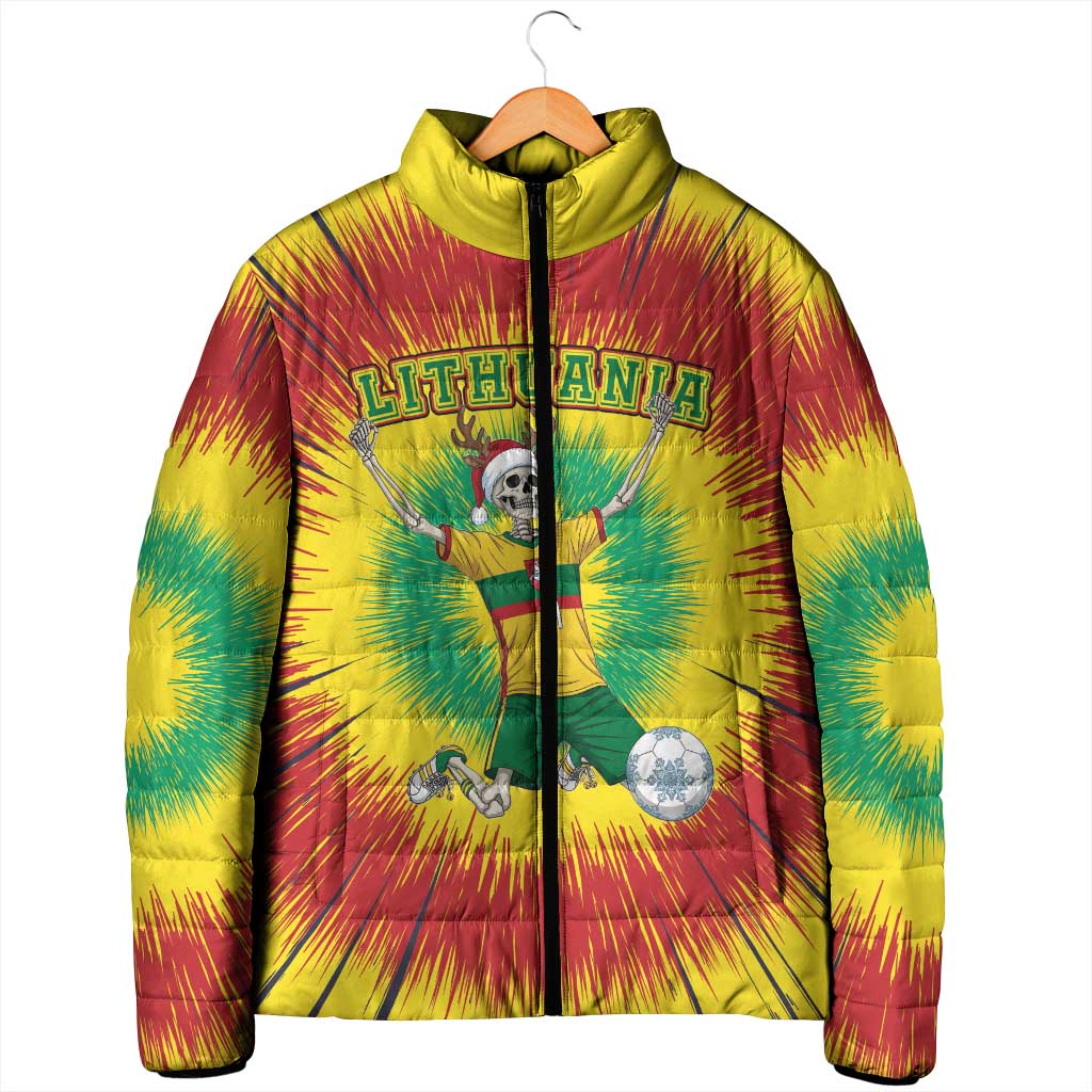 Personalized Lithuania Christmas Tie Dye Padded Jacket Skeleton Soccer Goal Celebration Santa Hat - Wonder Print Shop