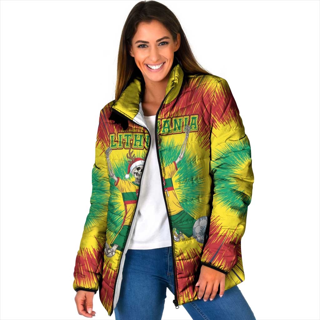 Personalized Lithuania Christmas Tie Dye Padded Jacket Skeleton Soccer Goal Celebration Santa Hat - Wonder Print Shop