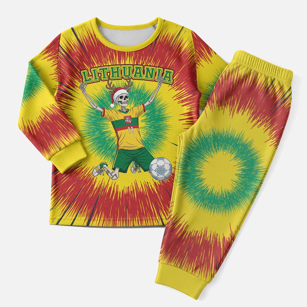 Personalized Lithuania Christmas Tie Dye Christmas Pajama Set Skeleton Soccer Goal Celebration Santa Hat - Wonder Print Shop