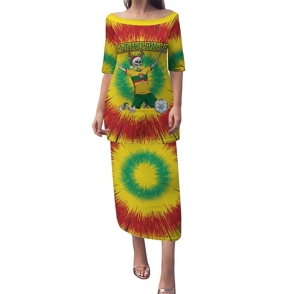 Personalized Lithuania Christmas Tie Dye Puletasi Skeleton Soccer Goal Celebration Santa Hat - Wonder Print Shop