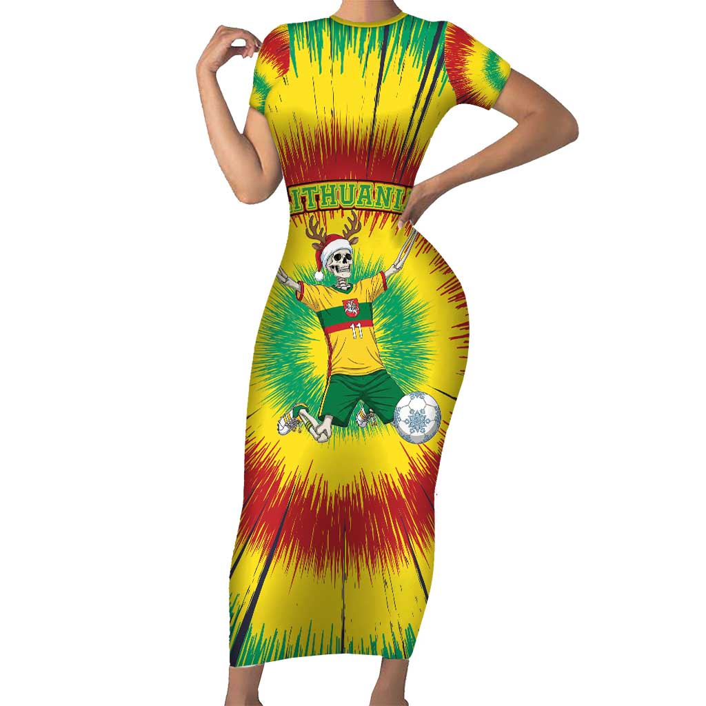Personalized Lithuania Christmas Tie Dye Short Sleeve Bodycon Dress Skeleton Soccer Goal Celebration Santa Hat - Wonder Print Shop