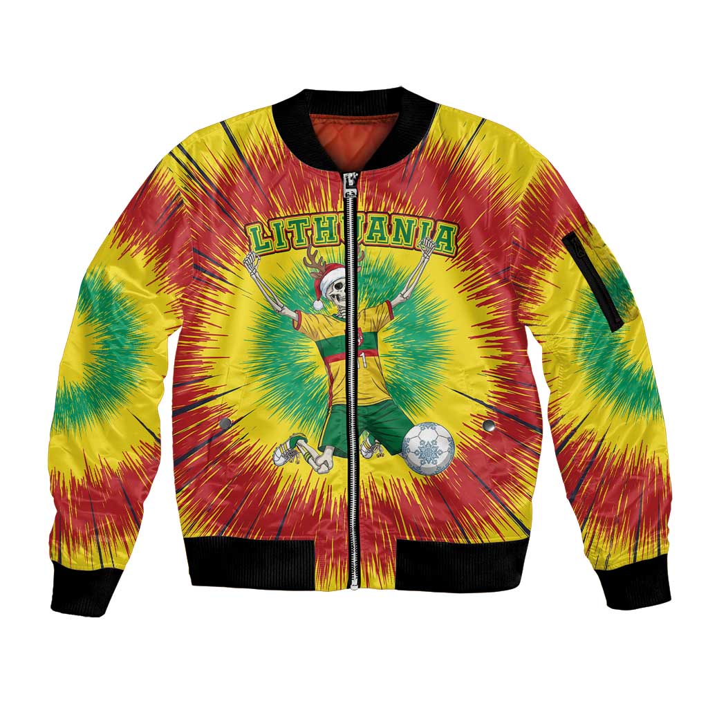 Personalized Lithuania Christmas Tie Dye Sleeve Zip Bomber Jacket Skeleton Soccer Goal Celebration Santa Hat - Wonder Print Shop
