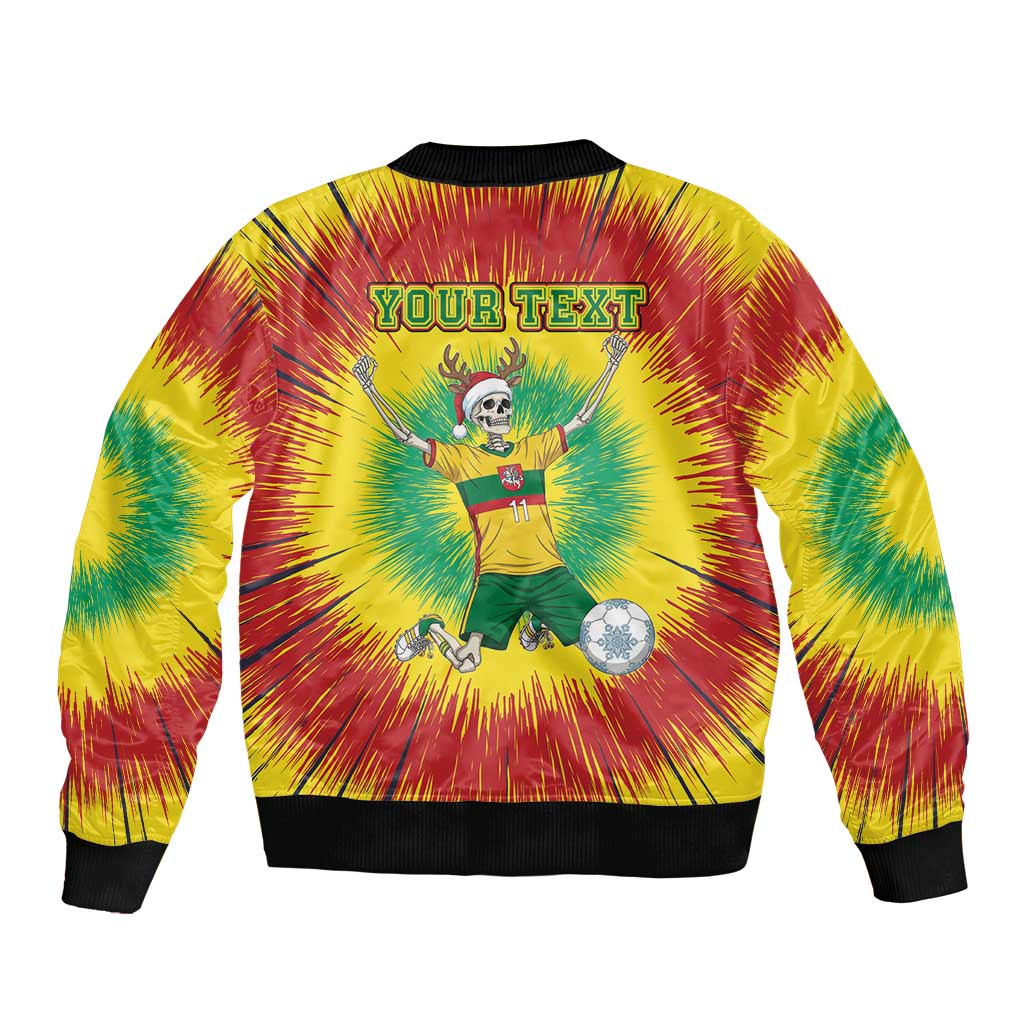 Personalized Lithuania Christmas Tie Dye Sleeve Zip Bomber Jacket Skeleton Soccer Goal Celebration Santa Hat - Wonder Print Shop