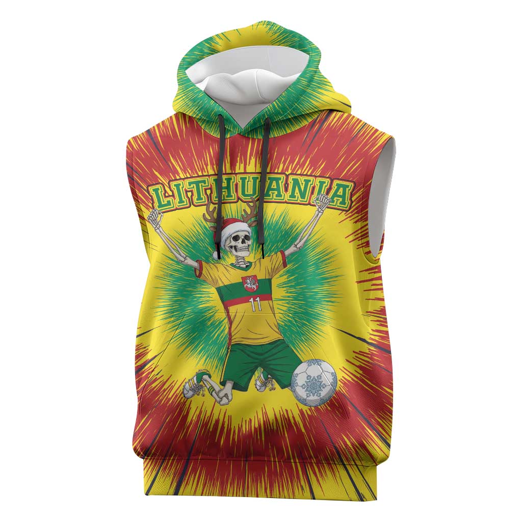 Personalized Lithuania Christmas Tie Dye Sleeveless Hoodie Skeleton Soccer Goal Celebration Santa Hat - Wonder Print Shop