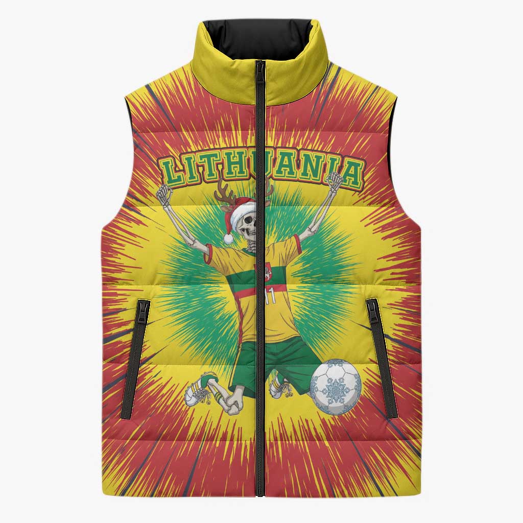 Personalized Lithuania Christmas Tie Dye Sleeveless Puffer Jacket Skeleton Soccer Goal Celebration Santa Hat - Wonder Print Shop