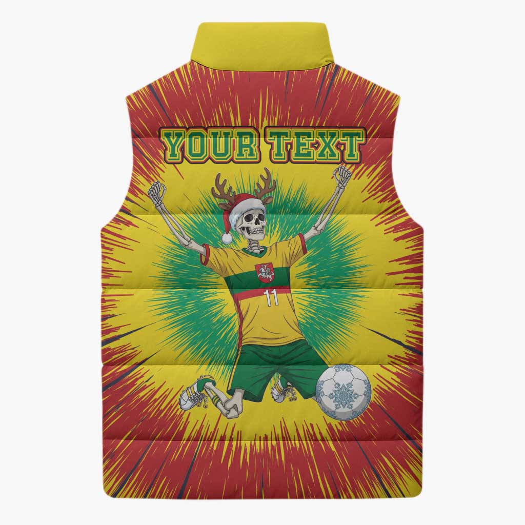 Personalized Lithuania Christmas Tie Dye Sleeveless Puffer Jacket Skeleton Soccer Goal Celebration Santa Hat - Wonder Print Shop