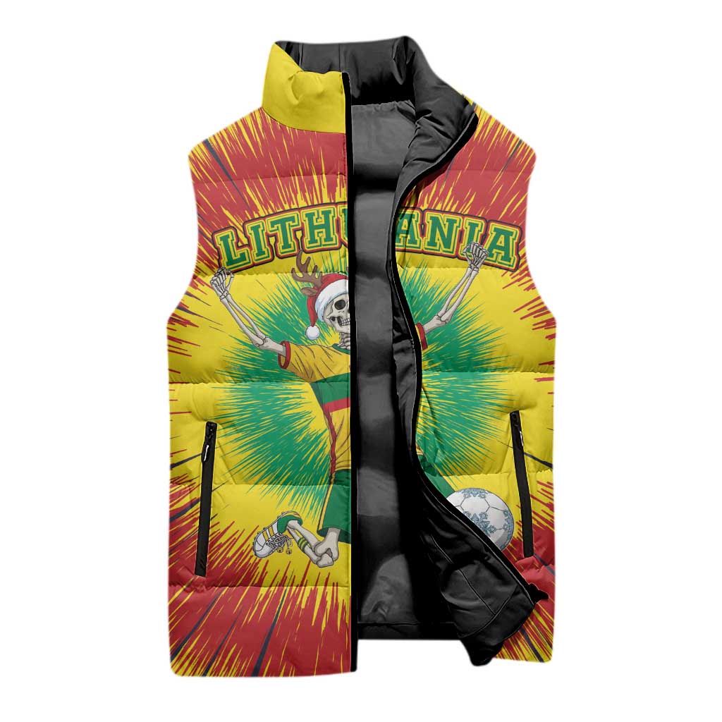 Personalized Lithuania Christmas Tie Dye Sleeveless Puffer Jacket Skeleton Soccer Goal Celebration Santa Hat - Wonder Print Shop