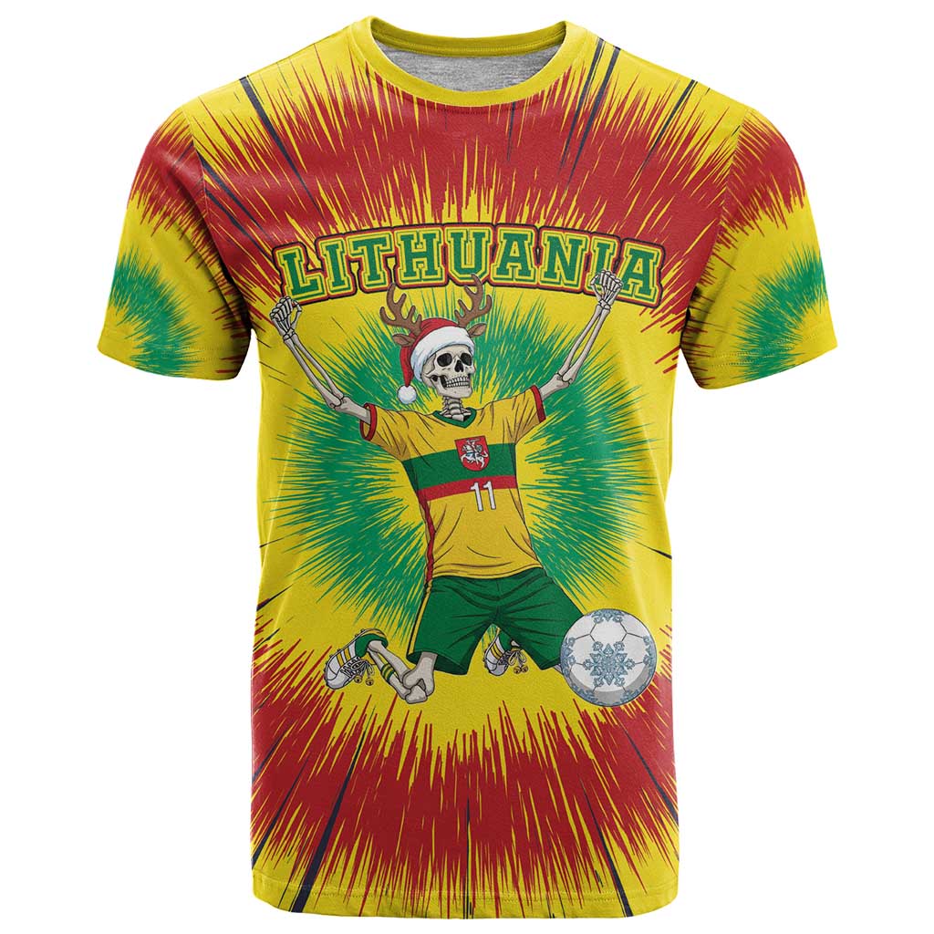 Personalized Lithuania Christmas Tie Dye T Shirt Skeleton Soccer Goal Celebration Santa Hat - Wonder Print Shop