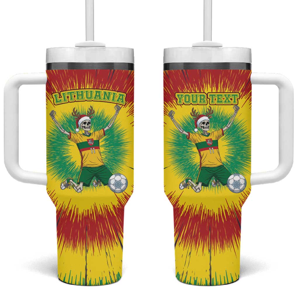 Personalized Lithuania Christmas Tie Dye Tumbler With Handle Skeleton Soccer Goal Celebration Santa Hat - Wonder Print Shop