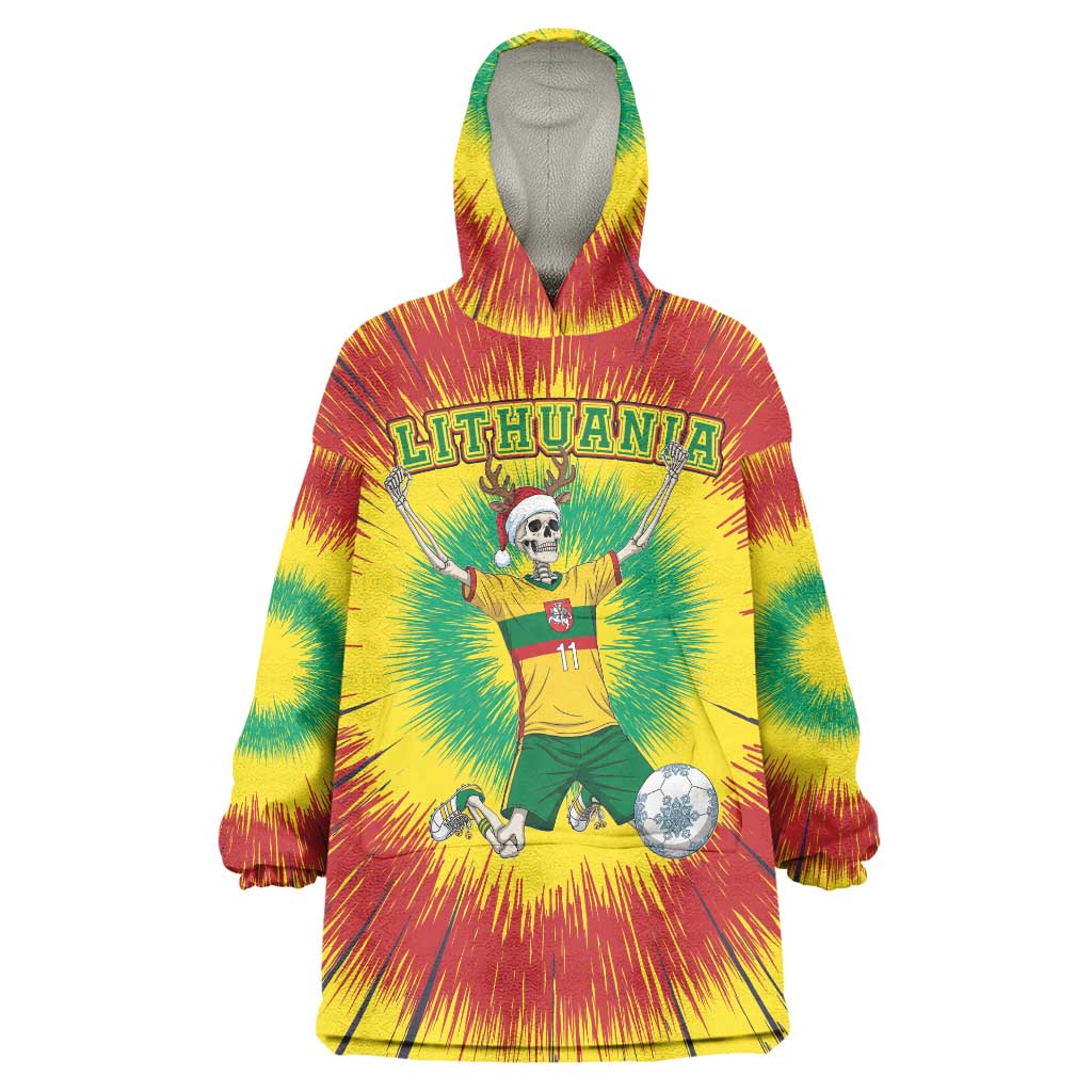 Personalized Lithuania Christmas Tie Dye Wearable Blanket Hoodie Skeleton Soccer Goal Celebration Santa Hat - Wonder Print Shop
