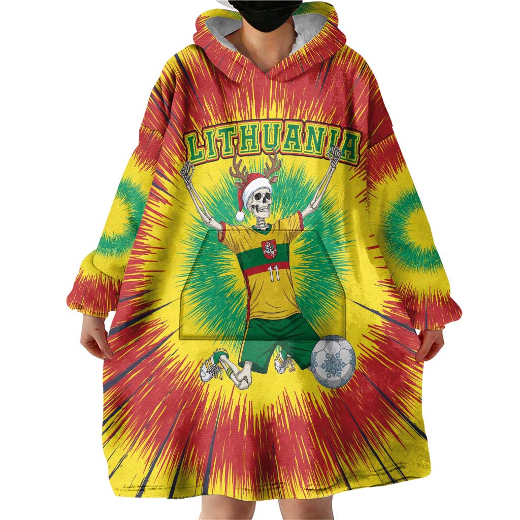 Personalized Lithuania Christmas Tie Dye Wearable Blanket Hoodie Skeleton Soccer Goal Celebration Santa Hat - Wonder Print Shop