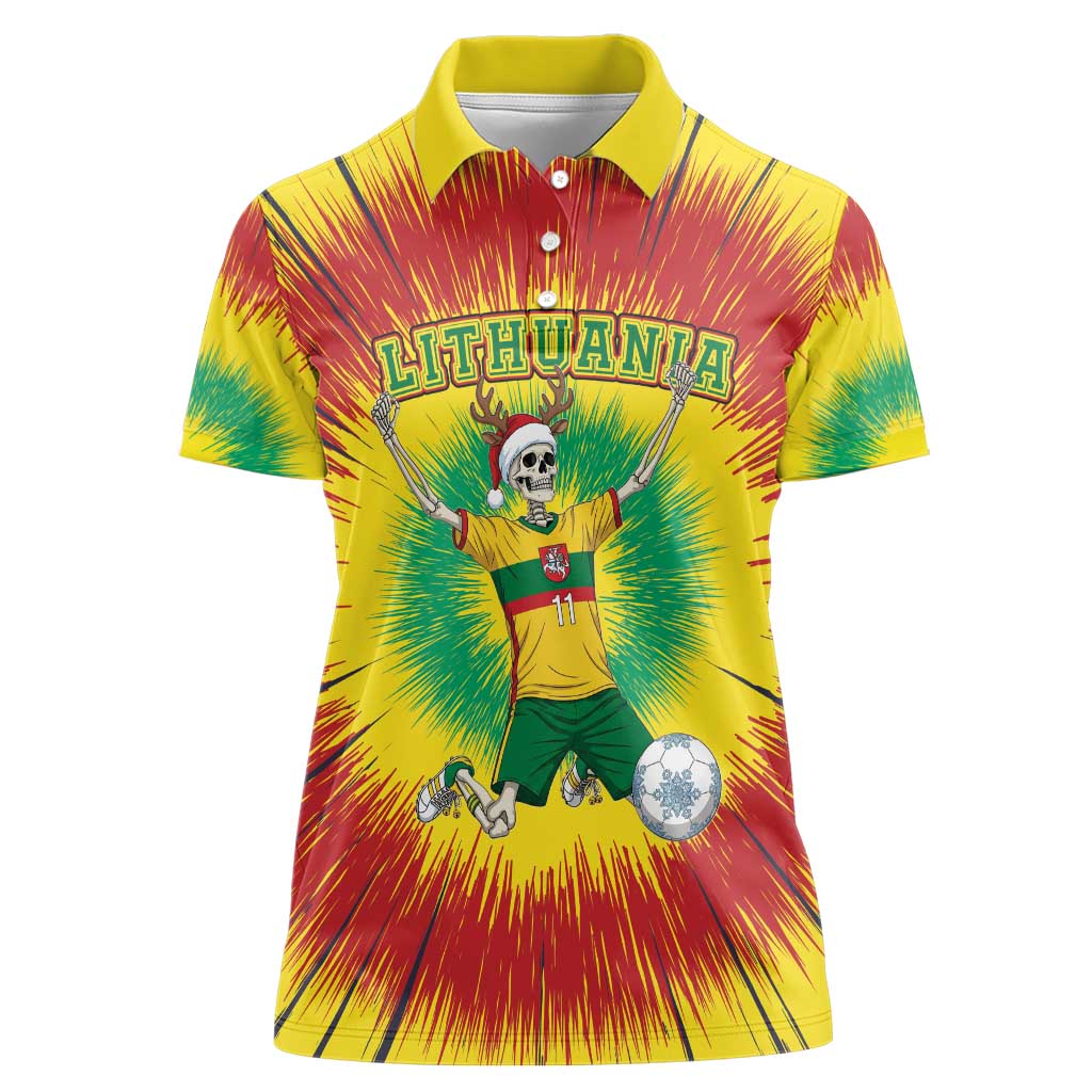 Personalized Lithuania Christmas Tie Dye Women Polo Shirt Skeleton Soccer Goal Celebration Santa Hat - Wonder Print Shop
