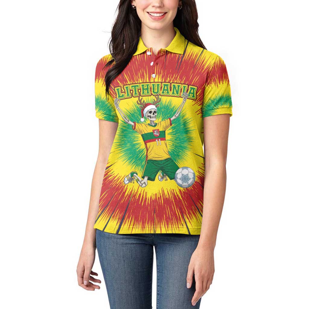Personalized Lithuania Christmas Tie Dye Women Polo Shirt Skeleton Soccer Goal Celebration Santa Hat - Wonder Print Shop