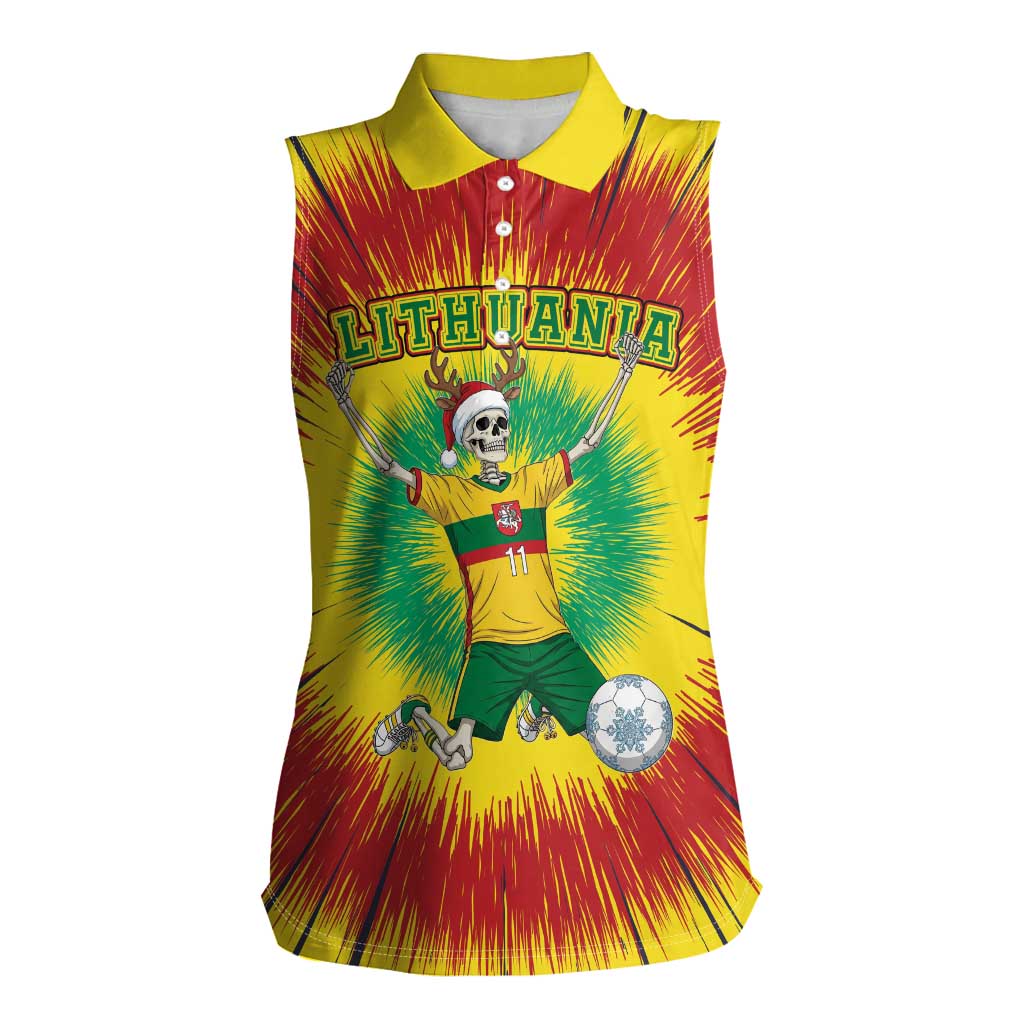 Personalized Lithuania Christmas Tie Dye Women Sleeveless Polo Shirt Skeleton Soccer Goal Celebration Santa Hat - Wonder Print Shop