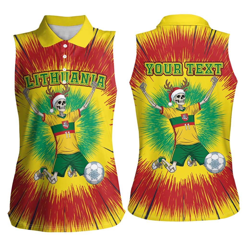 Personalized Lithuania Christmas Tie Dye Women Sleeveless Polo Shirt Skeleton Soccer Goal Celebration Santa Hat - Wonder Print Shop
