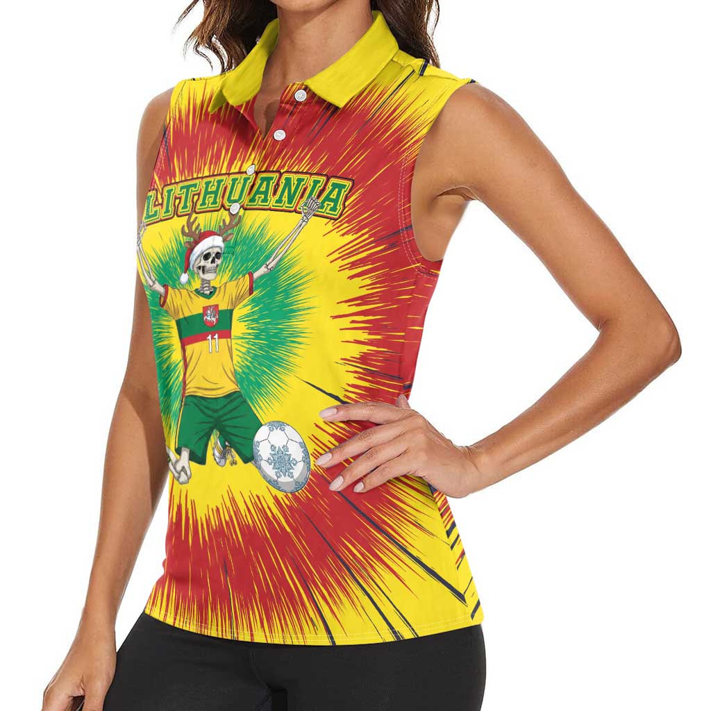 Personalized Lithuania Christmas Tie Dye Women Sleeveless Polo Shirt Skeleton Soccer Goal Celebration Santa Hat - Wonder Print Shop