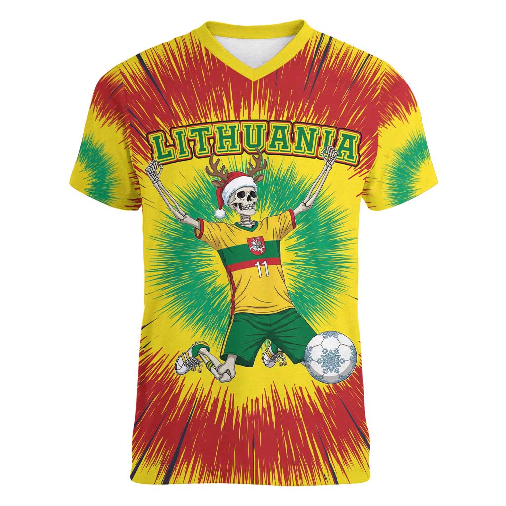 Personalized Lithuania Christmas Tie Dye Women V-Neck T-Shirt Skeleton Soccer Goal Celebration Santa Hat - Wonder Print Shop