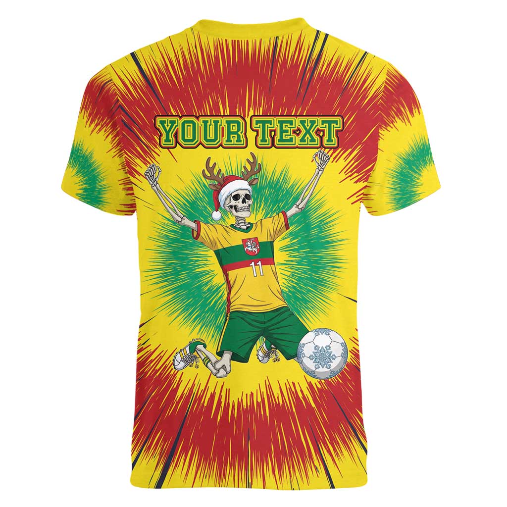 Personalized Lithuania Christmas Tie Dye Women V-Neck T-Shirt Skeleton Soccer Goal Celebration Santa Hat - Wonder Print Shop