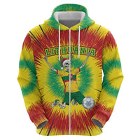 Personalized Lithuania Christmas Tie Dye Zip Hoodie Skeleton Soccer Goal Celebration Santa Hat - Wonder Print Shop