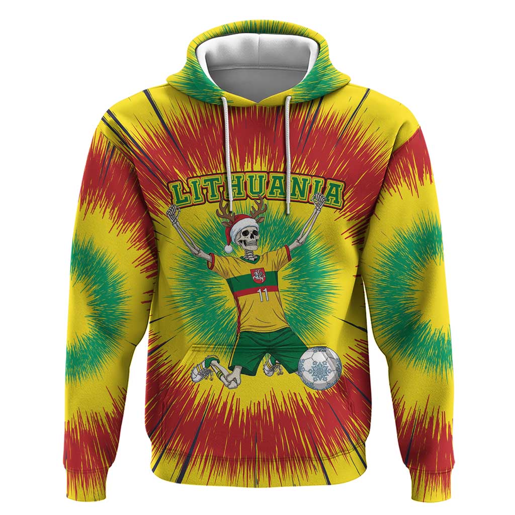 Personalized Lithuania Christmas Tie Dye Zip Hoodie Skeleton Soccer Goal Celebration Santa Hat - Wonder Print Shop