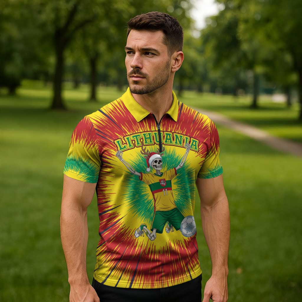 Personalized Lithuania Christmas Tie Dye Zipper Polo Shirt Skeleton Soccer Goal Celebration Santa Hat - Wonder Print Shop