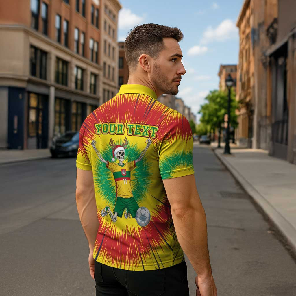 Personalized Lithuania Christmas Tie Dye Zipper Polo Shirt Skeleton Soccer Goal Celebration Santa Hat - Wonder Print Shop
