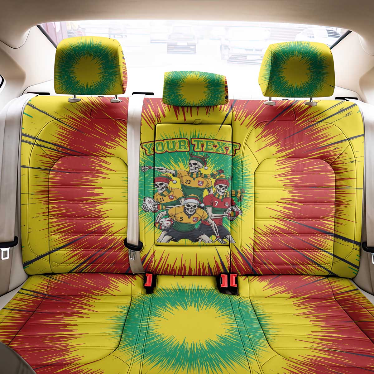 Personalized Lithuania Christmas Back Car Seat Cover Skeleton Rugby Tie Dye Vintage - Wonder Print Shop