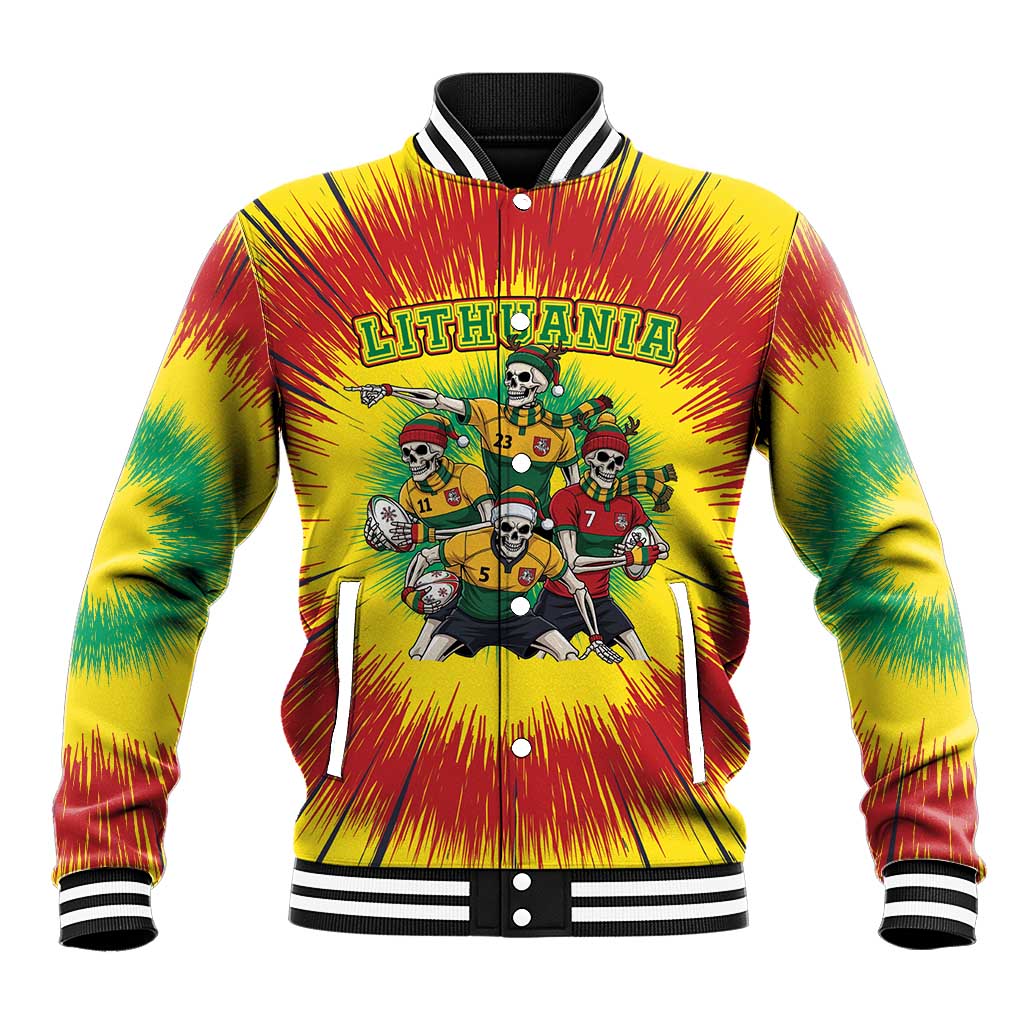 Personalized Lithuania Christmas Baseball Jacket Skeleton Rugby Tie Dye Vintage - Wonder Print Shop